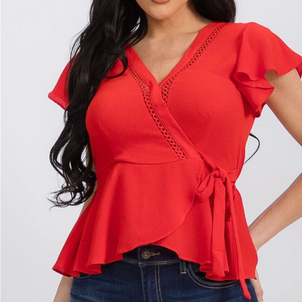 #215 WOMEN'S SHORT SLEEVE SURPLICE SELF TIE PEPLUM BLOUSE - Picture 1 of 4